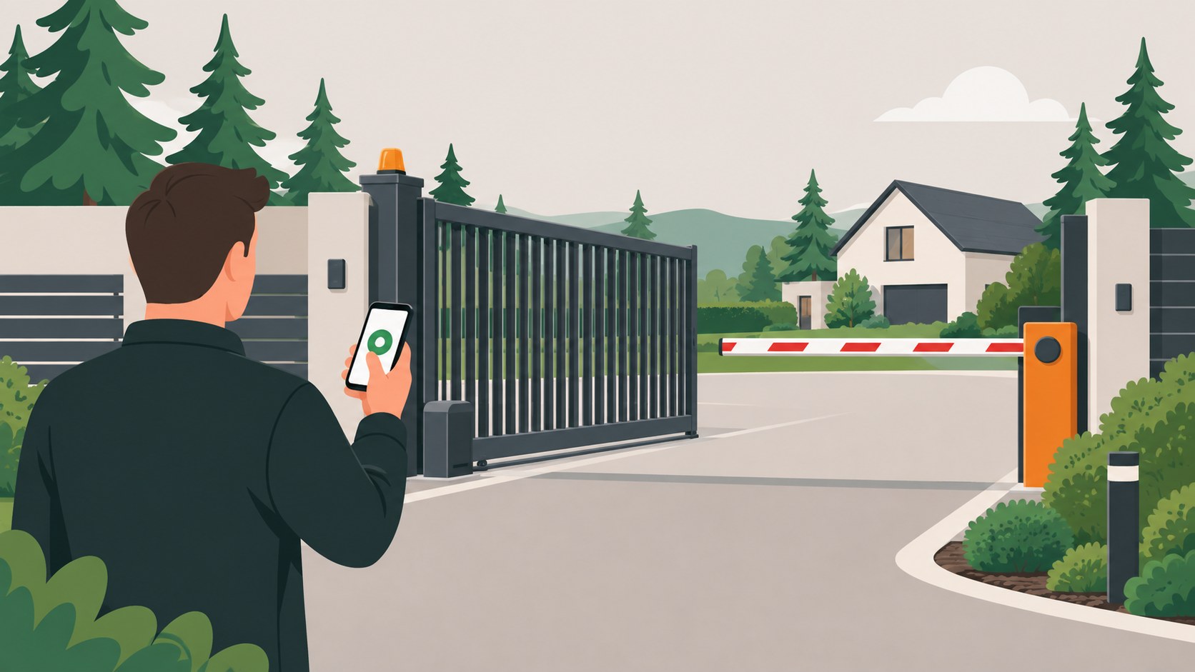 Illustrasjon av en skyveport og en veibom ved en innkjørsel, med en person som åpner porten fra mobilen